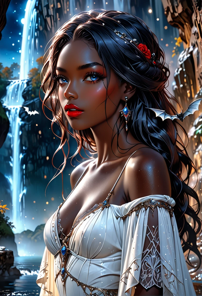 a picture of an exquisite beautiful female vampire standing under the starry night sky at the base of the waterfall, dynamic angle (ultra detailed, Masterpiece, best quality), ultra feminine, (black skin: 1.3),  dynamic hair color, wavy hair, dynamic eyes color, cold eyes, glowing eyes, intense eyes, dark red lips, wearing white dress (ultra detailed, Masterpiece, best quality), wearing blue cloak (ultra detailed, Masterpiece, best quality), long cloak, flowing cloak (ultra detailed, Masterpiece, best quality), wearing high heeled boots,  water coming down from a mountain, multi level water falls, several pools created in different levels, forming new waterfalls, water cascading into a pool steam rising, clear water in many hues of blue and azure falling, ultra best realistic, best details, best quality, 16k, [ultra detailed], masterpiece, best quality, (extremely detailed), ultra wide shot, photorealism, depth of field, hyper realistic painting, sky full of stars background, moon, bats flying about, high details, best quality, 8k, [ultra detailed], masterpiece, best quality, (ultra detailed), full body, ultra wide shot, photorealism, dark fantasy art, dark fantasy art, gothic art, many stars, dark fantasy art, gothic art, sense of dread, Intense gaze, magical sky