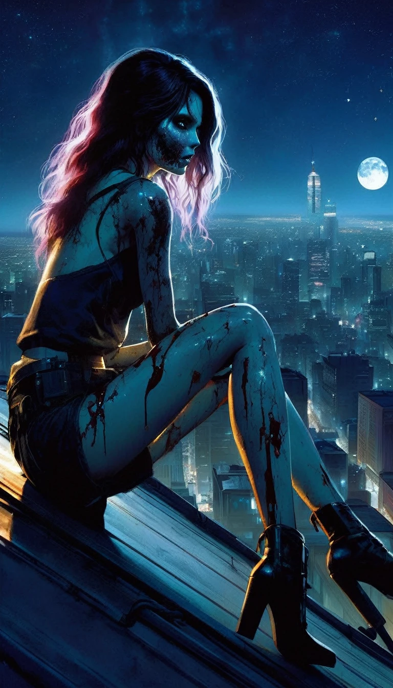 a woman looks like a zombie sitting on the roof, 1 girl, masterpiece, best quality, best quality, full body, bionic skin, pale skin, dead eyes, bionic face, blank stare, scars, blood, damage, hairs, cry, finely detailed, extremely detailed CG unity 8k wallpaper, night sky with stars and moon, empty city, emotional impact, Bill Sienkiewicz inspired art