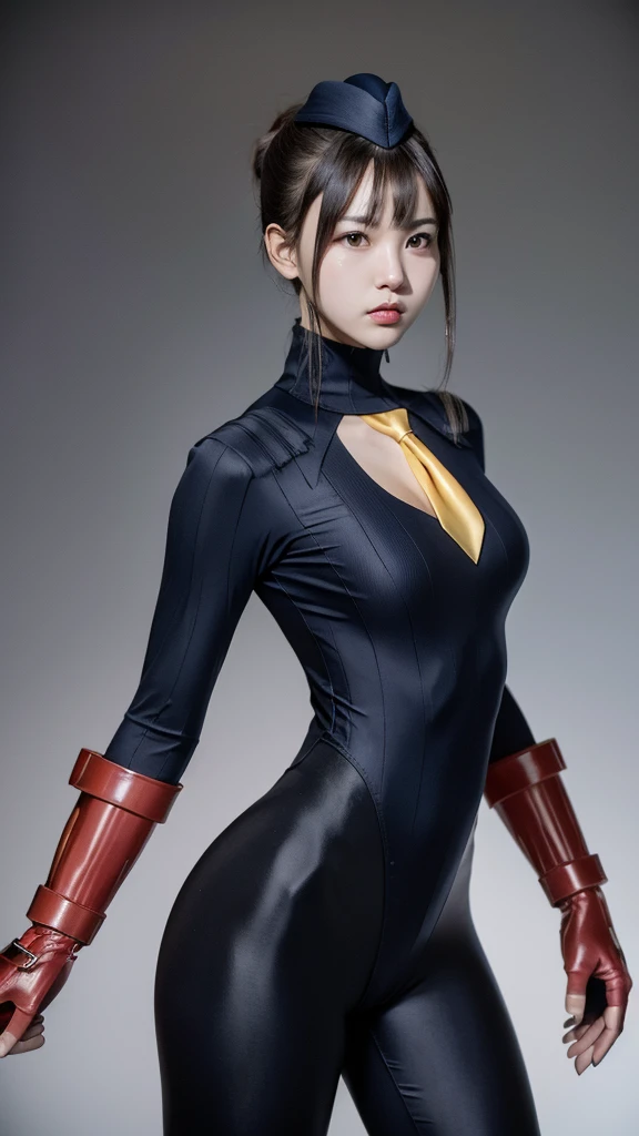 masterpiece, best quality, sfJuli, black eyes, brown hair, hat, yellow necktie, red gloves, navy ribbed bodysuit, large breasts,  emotionless, looking at viewer,  ((Wide-angle lens)),（fighter pose:1.5）,epic realistic,8K,masterpiece, highest quality, Very detailed, （ glossy skin,:1.2）,(Surrealism),8K,masterpiece, Highest quality, Very detailed,（real pantyhose:1.2）,slender body,Bodyline,（wearing riding boots）,（white Background:1.2）,
Super tight costume,bangs、
(Highest quality:1.3),
RAW Photos,,
High resolution, 
Perfect detail, 
Professional photography, 
Professional Lighting,
Powerful lighting for costumes,attractive whole body image、Cinema Lighting、Ray Tracing、Wear a tight-fitting bodysuit、Simple Background、15 year old female、Spandex Bodysuit、whole body、Spandex Costume,Clothes with a shiny texture,