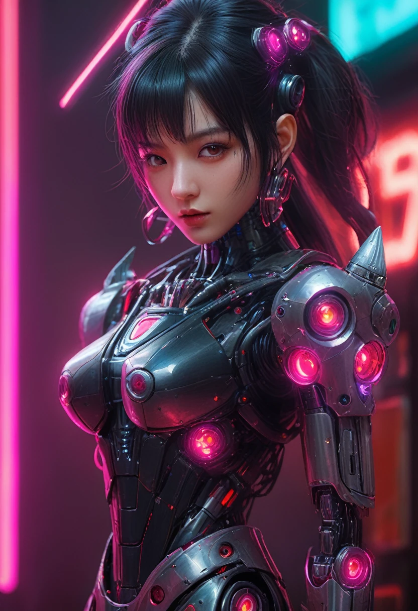 xxmixgirl. Highly detailed professional 35mm film, bokeh, face in sharp focus. A robotic female, Miku, with ((metal skin)), ((perfect Asian eyes)) with magenta irises and ((black pupils)), beautiful serious (detailed face), 18 year old ((photorealistic face)), very long magenta twin tails of magenta hair, twin black hair ties with a single red stripe. She may have a black audio headpiece. We can see her ((full body)) down to her boot soles. Her outfit is a sleeveless collared light grey shirt, outlined in red around the frilled collar and hems. Shiny reflective ((metallic breast cups, dimpleless)), invisible nipples. She wears black sleeves with red hems that start around her upper arm and bellow out as the sleeves open and extend to her wrists, with wide trumpet red rimmed cuffs. She has perfect robotic (detailed hands). She wears a red colored tie with two horizontal solid parallel black lines halfway across. She wears a fabric black skirt with a horizontal red hem at the bottom all the way around; her (((black skirt wraps around her))) and ((her skirt completely covers)) her robotic waist and thighs. Tall black boots with red bottom soles, a red rim around the top at her thighs. Her mechanical shoulder joints are visible. We can see her robotic legs and robotic neck. Half of her is covered with shiny polished machinery. The background is a distant dark neon futuristic Japanese city, gold, cyan, violet neon, near harbor or mountains.