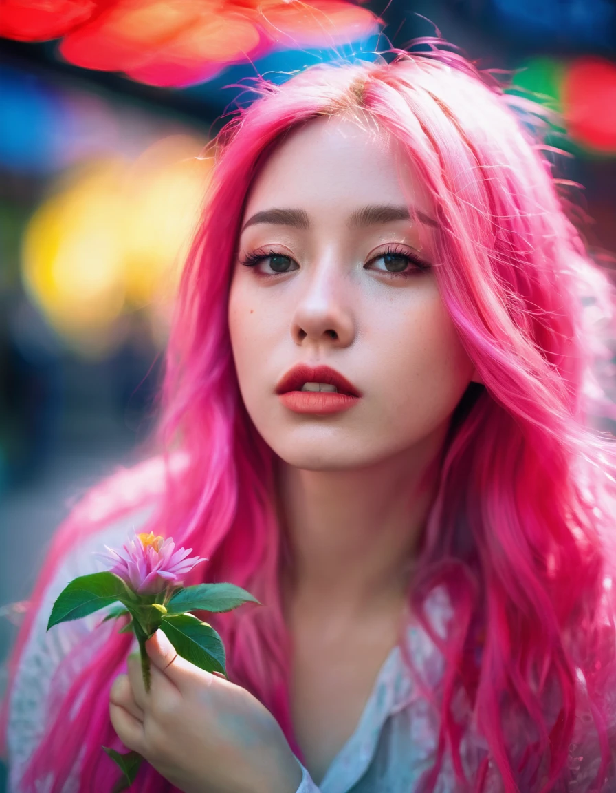 Beautiful woman with long pink hair( Unconventional Fashion), There is a red flower in front of her、Covering one eye and part of the face。., Natural light,Sitting in the neon lights of New York , summer、Bright colors, Bokeh style, Styles of ultra-fine details, High quality photos,long range shooting
