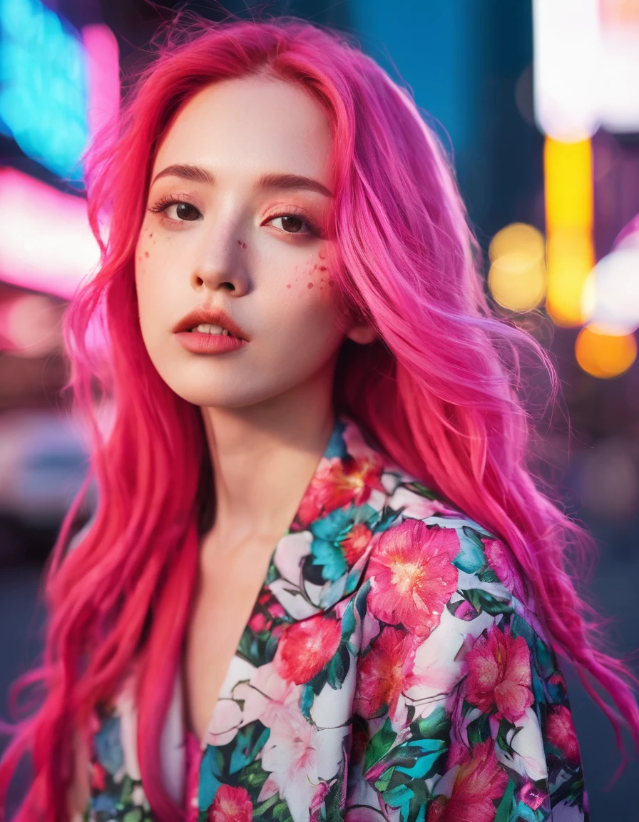 Beautiful woman with long pink hair( Unconventional Fashion), There is a red flower in front of her、Covering one eye and part of the face。., Natural light,Sitting in the neon lights of New York , summer、Bright colors, Bokeh style, Styles of ultra-fine details, High quality photos,long range shooting