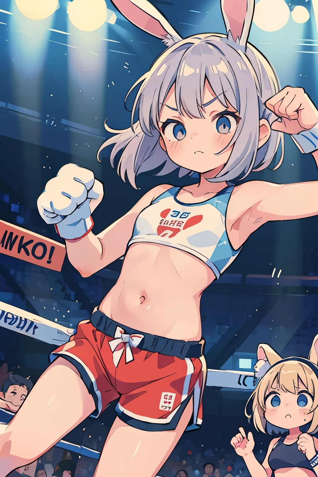 (boxing:1.1)、Teenage Girls、Young、、belly button、stomach、cool、Shorts、boxingグローブ、(boxingウェア:1.3)、Serious expression、(Closed Mouth:1.1)、Silver Hair、gossiper、Rabbit's Tail