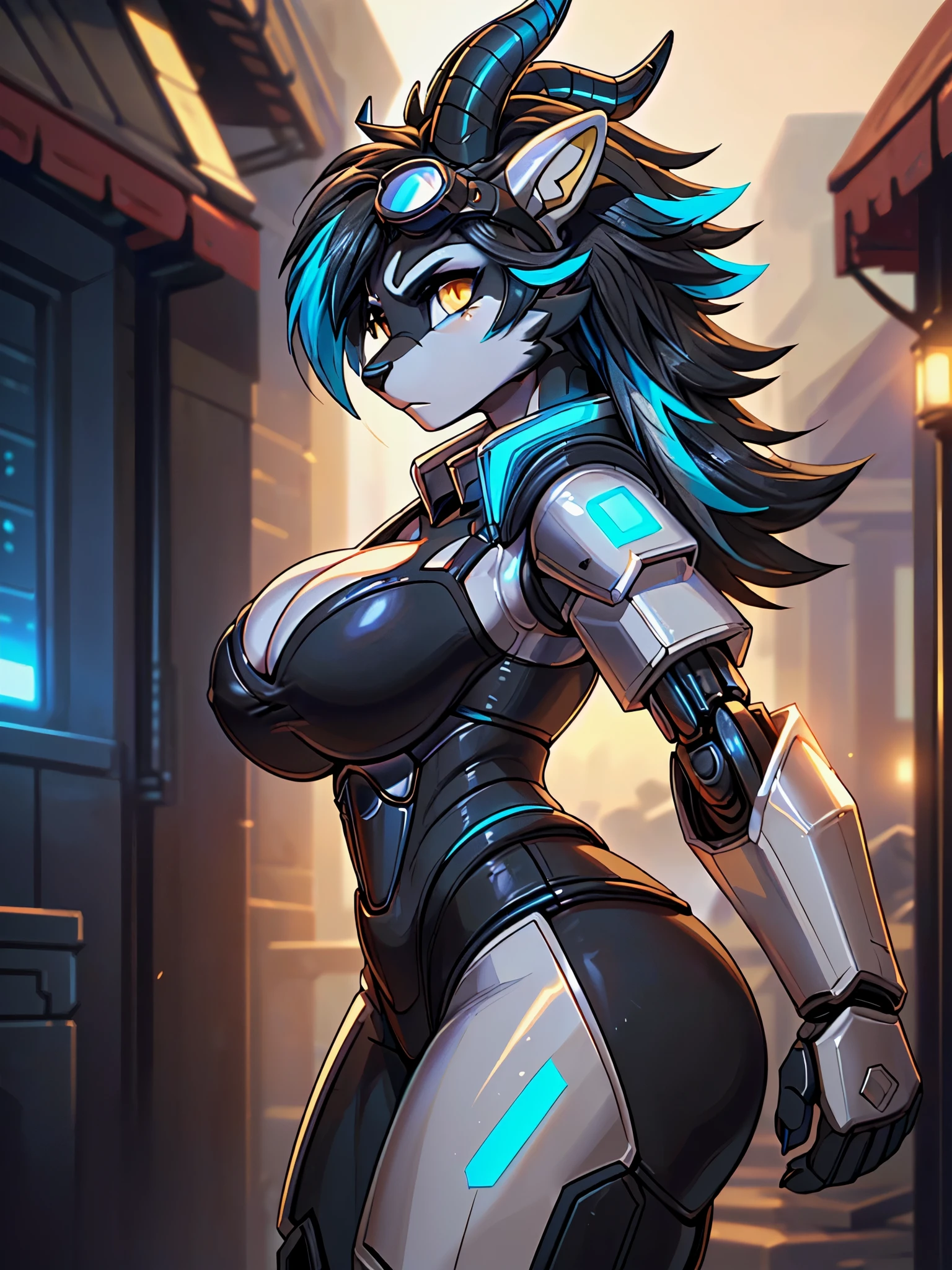 (((sfw))), masterpiece, top quality, best quality, highly detailed, 8k, super high resolution, absurdres, perfect anatomy, ((solo focus, depth of field, cinematic lighting, side view)), ((full body, serious expression, glare)), (((female anthro all black sheep, curved horns)), ((anthro black body, all black fur)), (adult), ((light yellow eyes)), ((black hair, blue highlights)), ((layered locks hairstyle)), ((athletic, slim figure, large breasts, wide hips)), (((cleavage cutout, white mecha armor, white bodysuit, forehead goggles))), ((concept art))