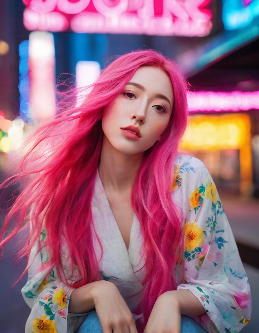 Beautiful woman with long pink hair( Unconventional Fashion), There is a red flower in front of her、Covering one eye and part of the face。., Natural light,Sitting in the neon lights of New York , summer、Bright colors, Bokeh style, Styles of ultra-fine details, High quality photos,long range shooting