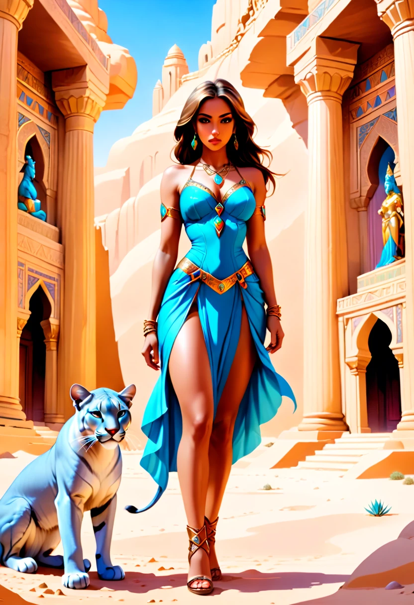 Arafed picture of a desert princess BREAK and her pet cougar in her palace high details, best quality, 16k, f a female human princess and her pet cougar, princess of the desert, full body, ((anatomically correct: 1.5)) ((standing: 1.5)) proudly royalty demeanor, a woman, (best detailed face: 1.5), Ultra Detailed face, wearing royal desert dress, decorated with gems, small cleavage, thigh high intricate leather high heeled boot, thick hair, long hair, brown hair, tan skin intense brown eyes, her epic desert cougar lying at her feet, guarding her, an epic fantasy desert palace in an oasis in the background (intricate details, Masterpiece, best quality: 1.5) night, moon light, stars  ,Wide-Angle, award winning, best quality, high quality, high details, highres, vibrant, Ultra-high resolution, High Contrast, (masterpiece:1.5), highest quality, Best aesthetics, best details, best quality, highres, ultra wide angle, 16k, [ultra detailed], masterpiece, best quality, chumbasket art style, Cinematic Hollywood Film, 