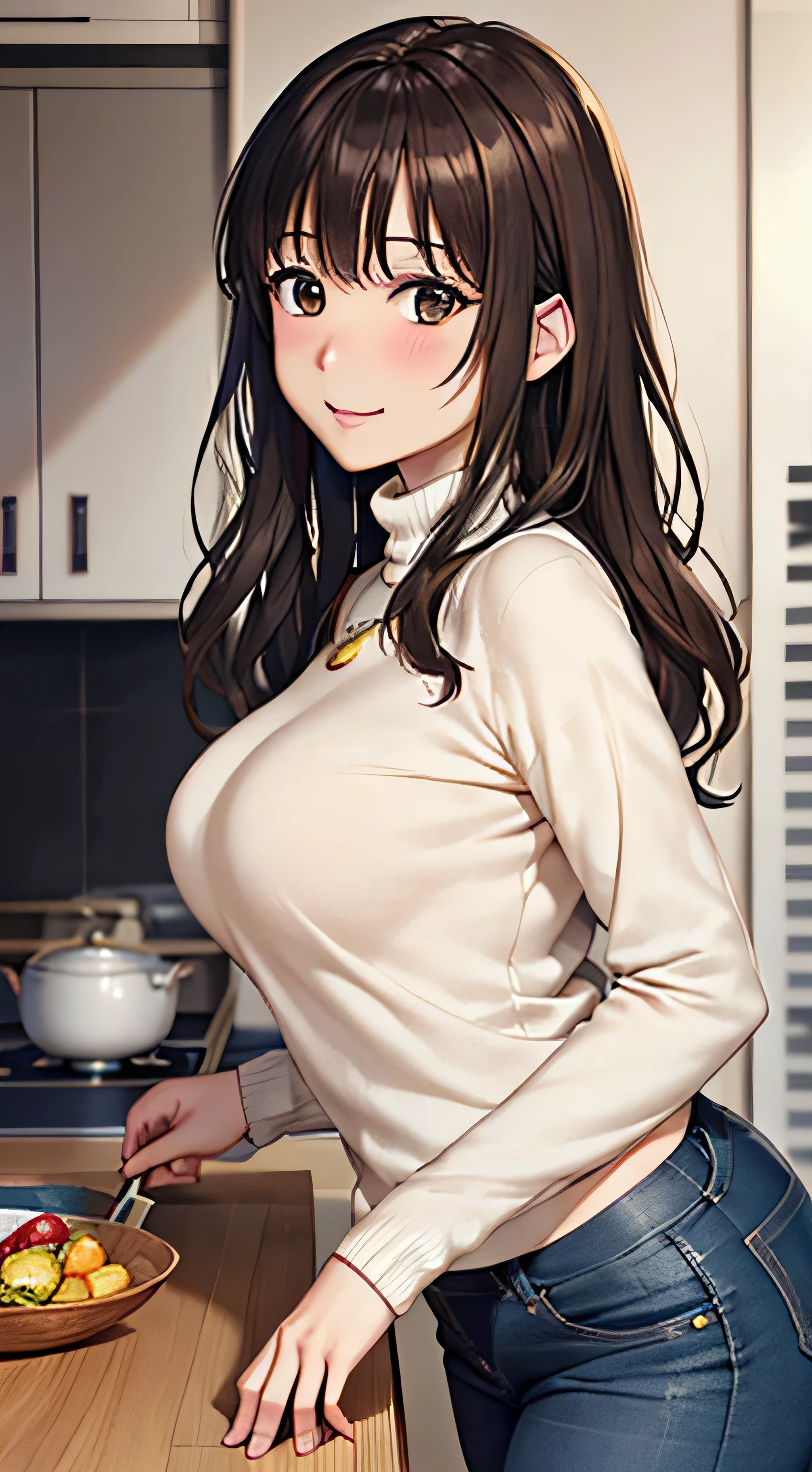 ((Tabletop, Highest quality, High resolution, , Pixel Perfect, 4K,))), 1 female, 、The whole body is visible、 ((Long Wavy Hair, bangs, Brown Hair)), ((Brown eyes, Beautiful eyelashes, Realistic eyes)), ((Detailed face, Blushing:1.2)), ((Smooth texture:0.75, Realistic texture:0.65, Realistic:1.1, Anime CG Style)), Medium sized breasts, Dynamic Angle, Perfect body, (( , , Turtleneck sweater、No bra、、 、、、、)), Gold Hair Ornament、Cross Necklace、、Very embarrassing panic smile, 、Tight jeans pants、、Elbows on the table、、、Nipples are slightly visible、Emphasize the chest with both arms、、、、、、Stick your butt out、Luxury apartment kitchen、、、、、、、 、)、