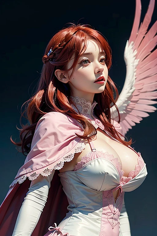 girl, tight cape with lace, two-tone hair, red hair, pink details, blue artgerm angel wings, huge breasts, dutch angle, low angle