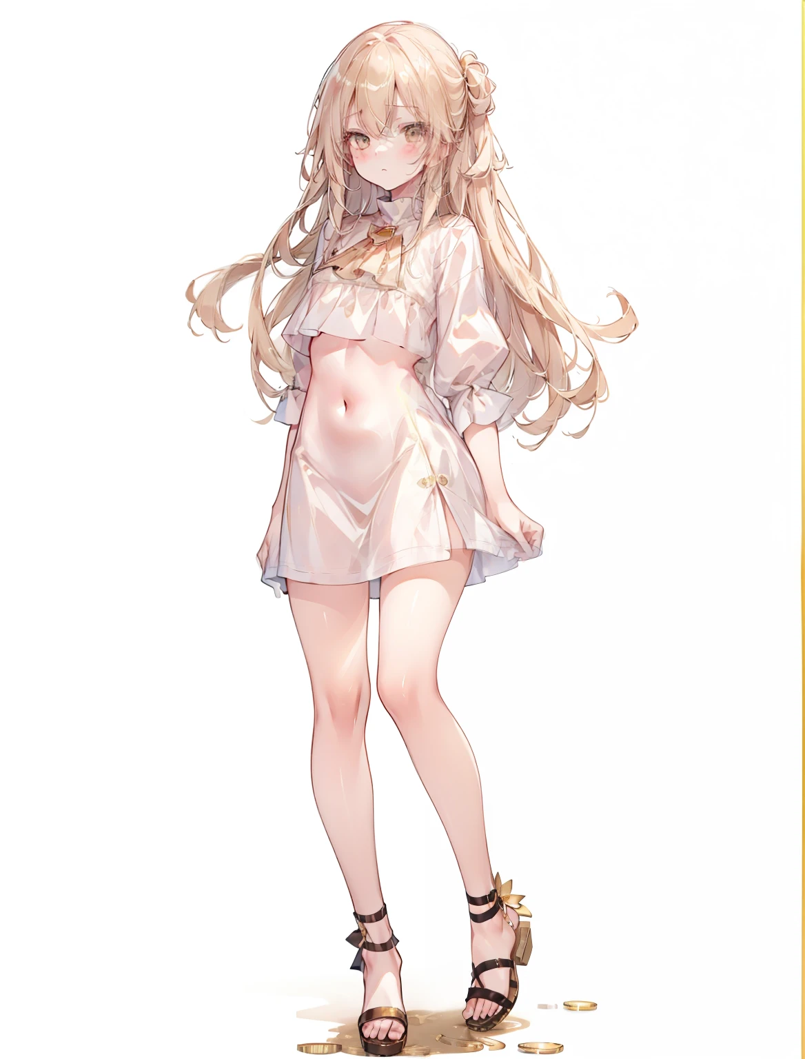 ((long blond hair)),(((gold eyes))),Best Quality,masutepiece,8K, Top image quality, RAW photography, 超A high resolution, Shot for one person only, model shoot, round chest, ((small eyes)), Beautiful Eyes of Details, Beautiful eyelashes、Very slim physique, with blush cheeks, casual cute simple peach dress
