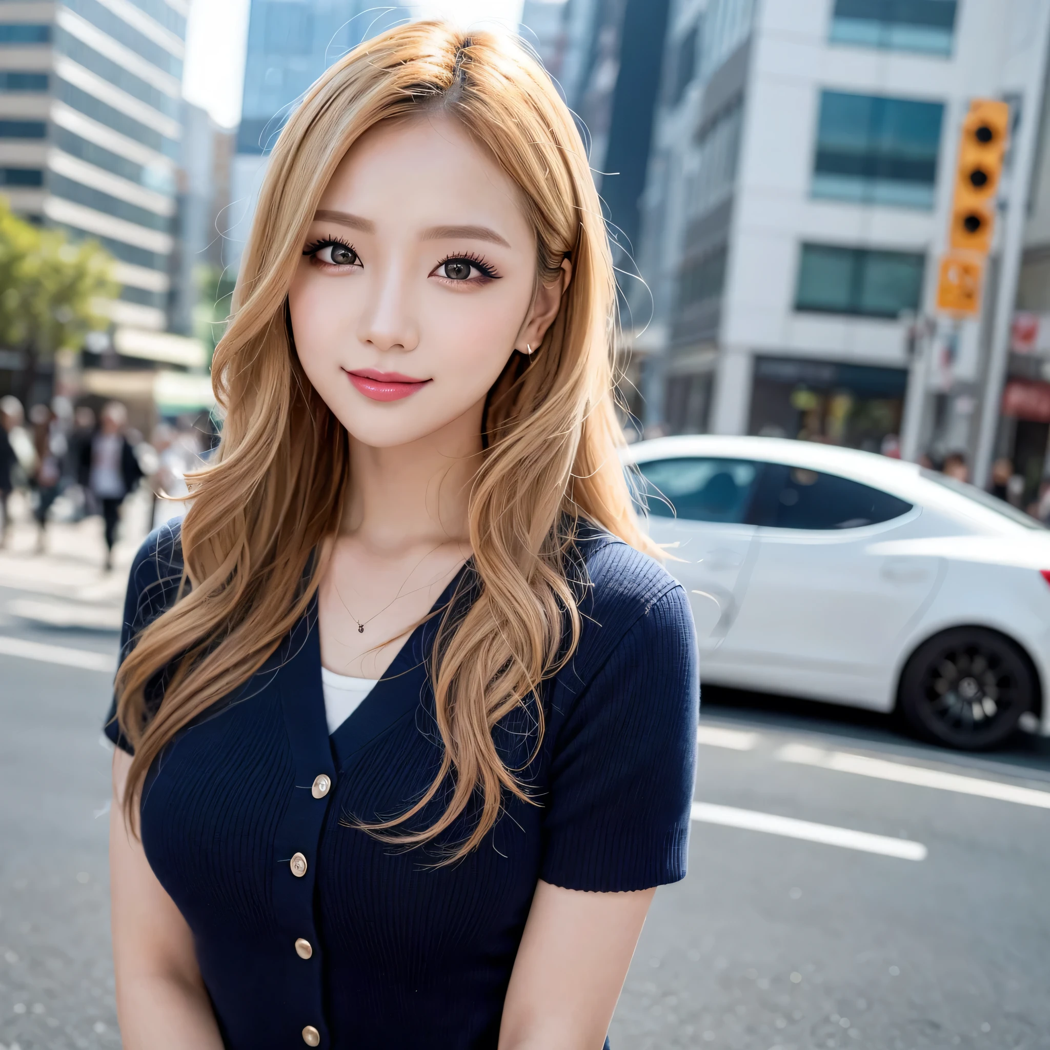 (Cowboy Shot、highest quality、8k、Award-winning works、Ultra-high resolution)、One beautiful woman、(bionde:1.1)、Bright color contacts、Perfect Makeup、Bright and shiny lipstick、Very long wavy hair、(Romantic affection:1.1)、The best smile when you see me、Accurate anatomy、Ultra HD Hair、(Ultra-high resolution for perfect, beautiful teeth:1.1)、Ultra-high definition beauty face、Ultra HD Hair、Ultra-high definition sparkling eyes、Shining, Ultra-high resolution beautiful skin、Ultra-high resolutionの艶やかな唇、Street Snap、Stylish summer outfit、26 years old、The background is a cityscape at dusk、Fireworks in the sky、ulzzang makeup、bionde