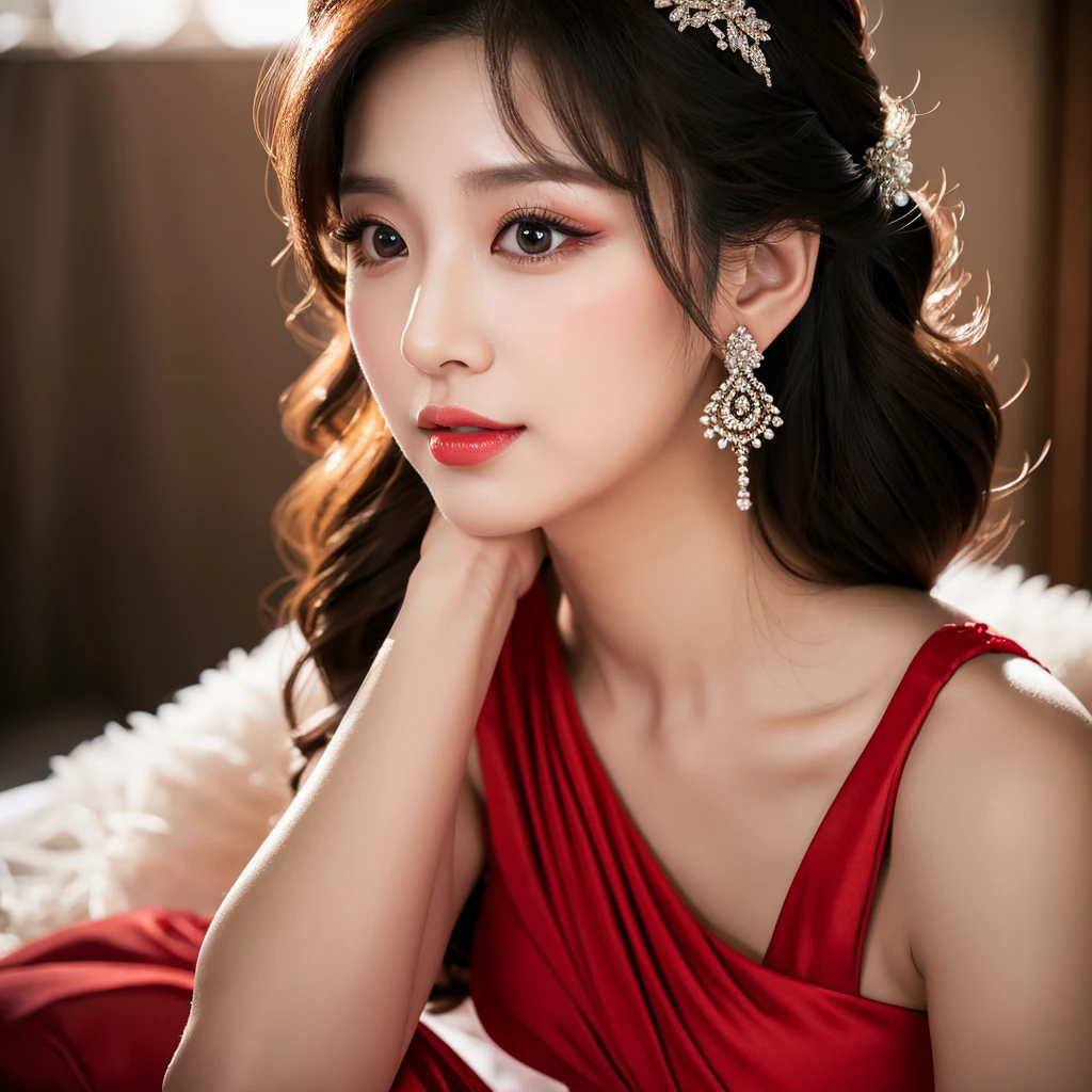 a pregnant Korean woman, beautiful detailed eyes, beautiful detailed lips, extremely detailed eyes and face, long eyelashes, wearing a red and white shoulder-off backless knee-length short bridal dress, high heels, medium length curvy black hair with bangs, photorealistic, ultra-detailed, realistic, 8k, highres, masterpiece, cinematic lighting, dramatic, elegant, beautiful, graceful, fashion, glamorous