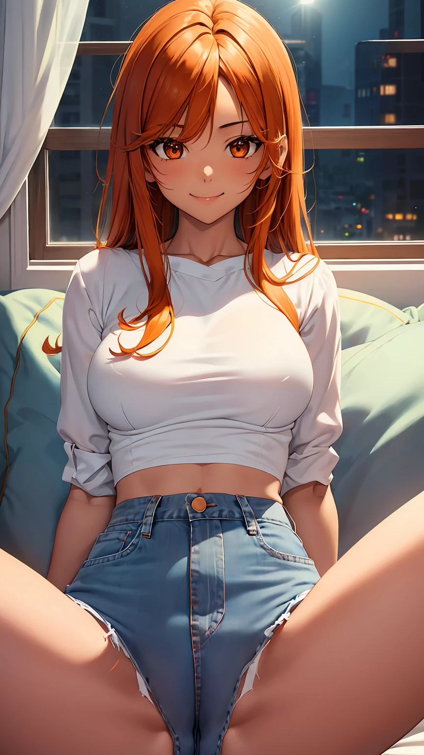 1girl, anime girl, anime, (dark skin), stylish girl, 2d girl, 18y, (fullbody), in bed, anime girl, seductive smile, (orange hair), ((white blouse)), Solo, Slim, Big Breasts, Tight Shorts, low waist shorts, upshorts, sitting on the bed, night background through the window, looking at viewer, (((spread legs))), (((Wedgie))), (((shorts))), (((absurdres))), (((thigh gap))), (((cameltoe))), (((lowleg shorts))),