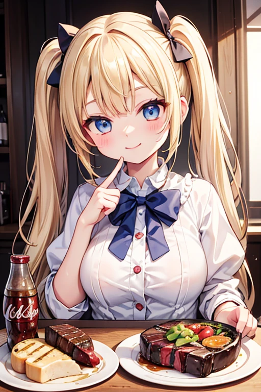 嬉しそうなsmile,Eat a multi-layered steak,big steak,Cola,Highest quality,Blonde with blue eyes、Lolita、Small breasts、Twin tails、girl&#39;enjoy,smile,bonnet,