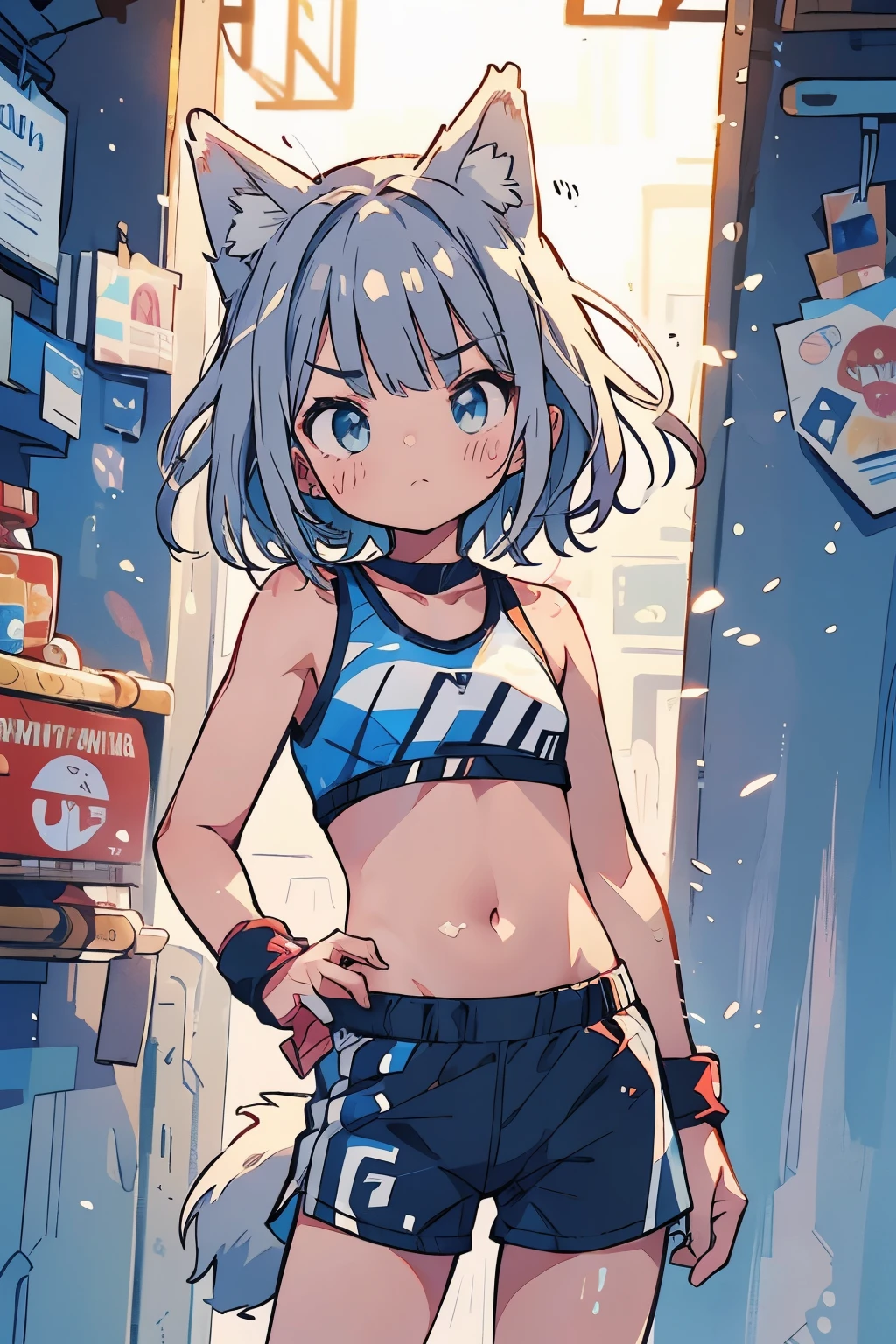 (boxing:1.1)、age Girls、Young、、belly button、stomach、cool、Shorts、boxingグローブ、(boxingウェア:1.3)、Serious expression、(Closed Mouth:1.1)、Silver Hair、Dog ears、Dog tail