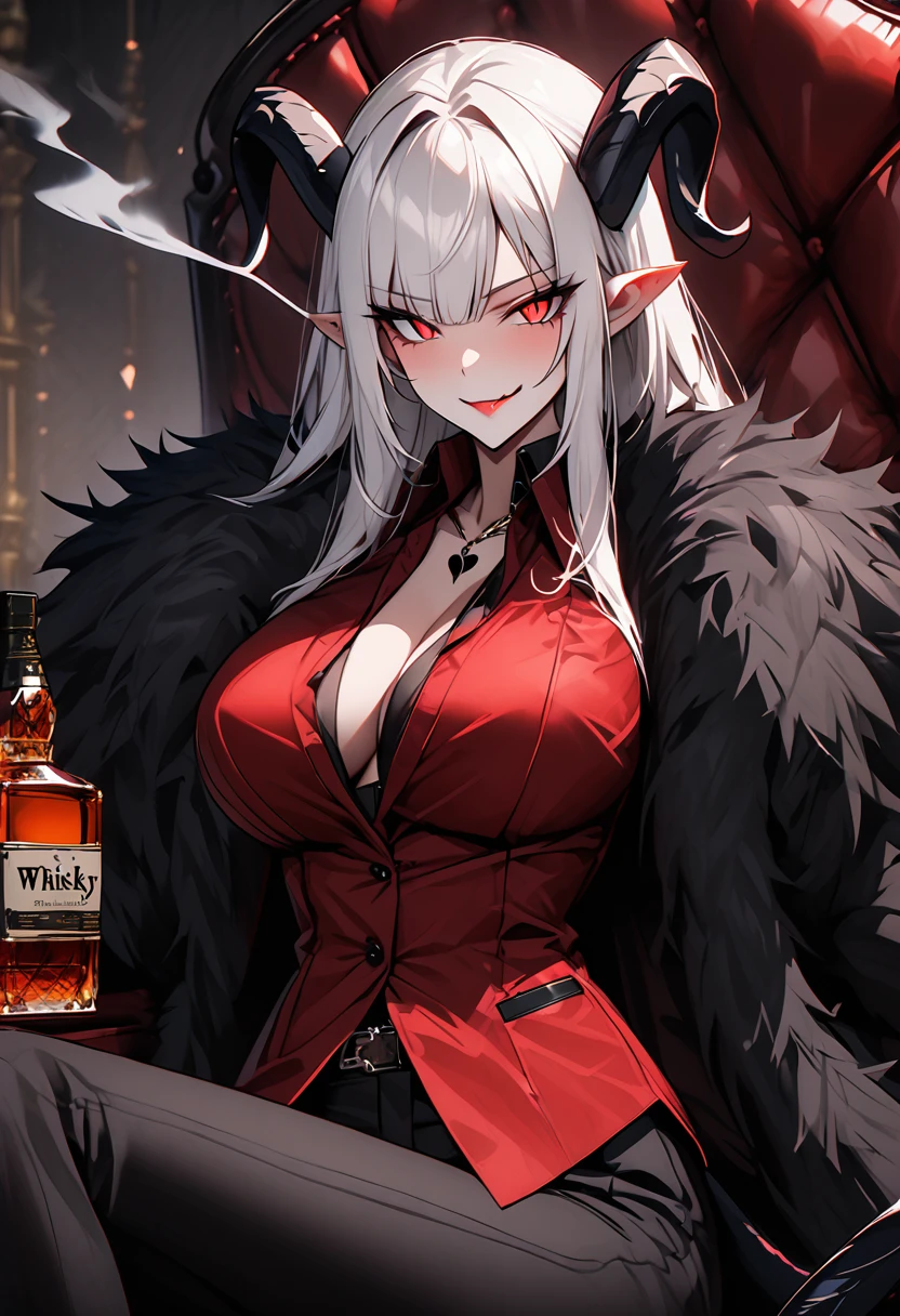 solo, female, long white hair, straight bangs, black goat horns, pointed ears, red eyes, slit pupils, huge breasts, tall, male business suit, red shirt, spade tail, black demon wings, black pinstripe suit, black pants, smirk, luxurious, leather chair, close up, luxurious fur coat, cigarette smoke, whisky, partially unbuttoned shirt