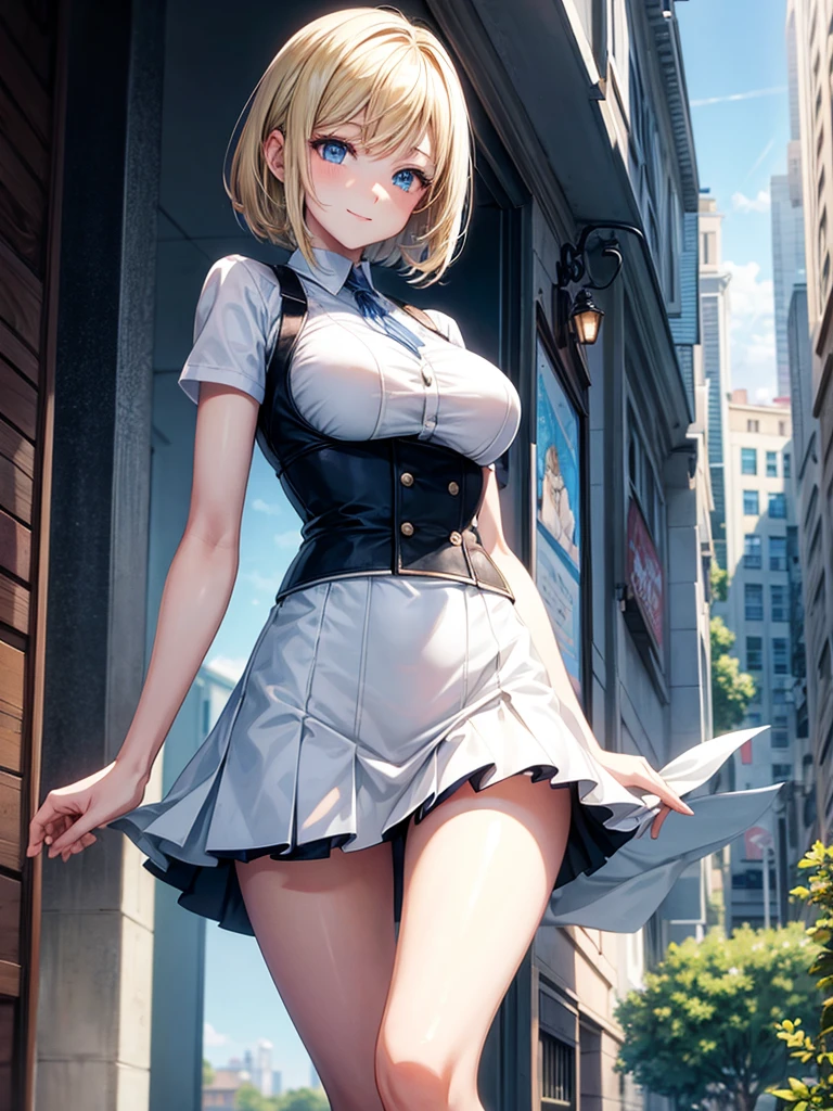 Anime style, super fine illustration, highly detailed, beautiful detailed, pale tone image, static representation, gentle expression, 8k, pretty 1girl with blonde straight short hair & blue eyes & a bright smile & full bust & soft fair skin is wearing big white business shart not to show her skin & black tight skirt & 1business bag, on the business building street, in the morning, brilliant particles of lights, romantic stories, solo, perfect 5fingers, perfect arms, perfect legs, masterpiece.