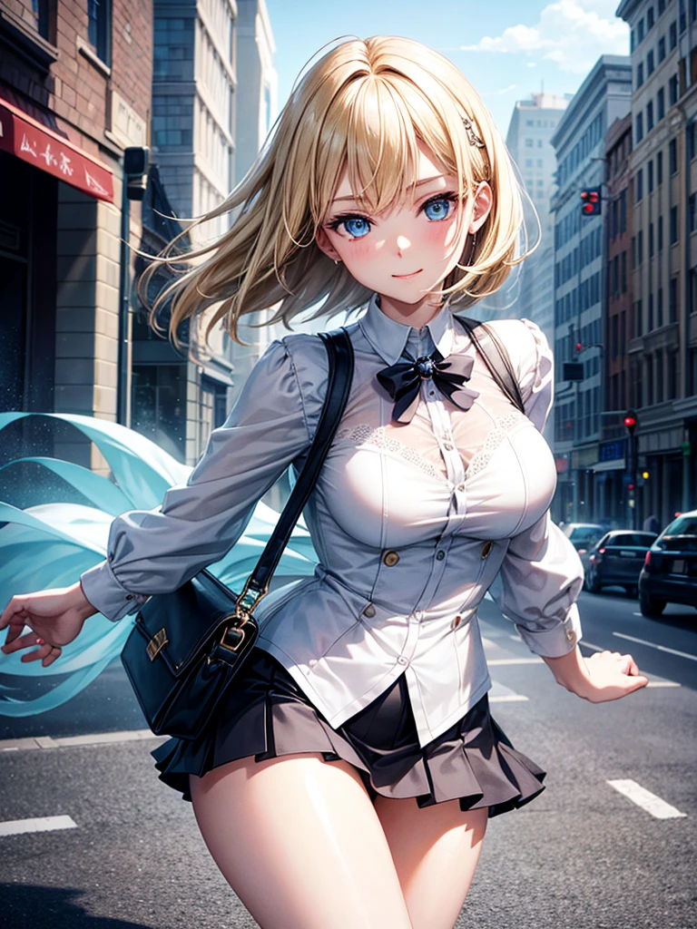 Anime style, super fine illustration, highly detailed, beautiful detailed, pale tone image, static representation, gentle expression, 8k, pretty 1girl with blonde straight short hair & blue eyes & a bright smile & full bust & soft fair skin is wearing big white business shart not to show her skin & black tight skirt & 1business bag, on the business building street, in the morning, brilliant particles of lights, romantic stories, solo, perfect 5fingers, perfect arms, perfect legs, masterpiece.