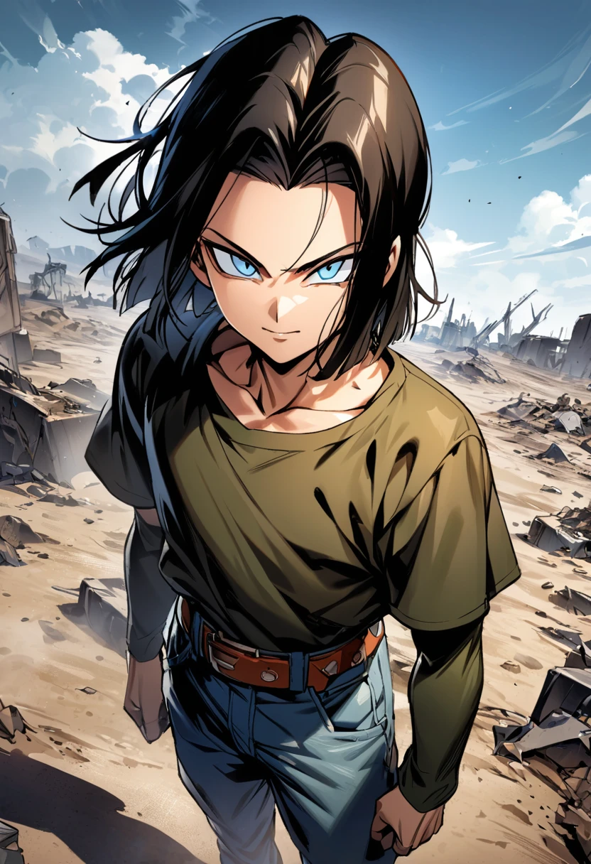 (masterpiece), best quality, expressive eyes, perfect face, highres, android ,solo,black hair,blue eyes,pants,1boy,male focus,belt, bandana,shirt,denim,standing, slight smile, looking at you, wasteland