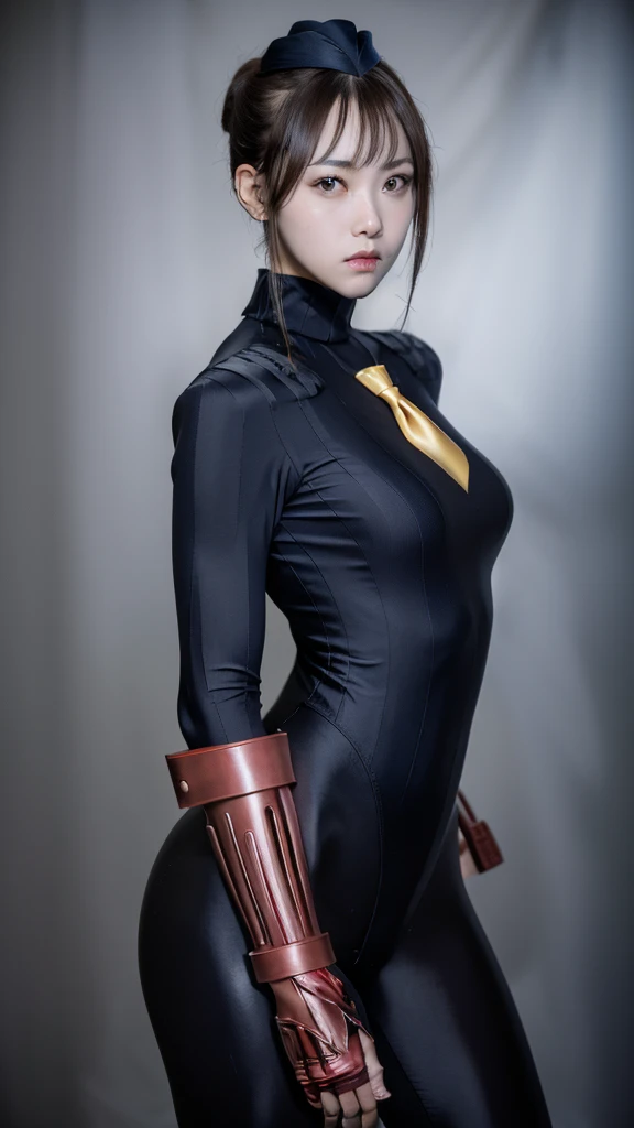 masterpiece, best quality, sfJuli, black eyes, brown hair, hat, yellow necktie, red gloves, navy ribbed bodysuit, large breasts,  emotionless, looking at viewer,  ((Wide-angle lens)),（japanese woman）,epic realistic,8K,masterpiece, highest quality, Very detailed, （ glossy skin,:1.2）,(Surrealism),8K,masterpiece, Highest quality, Very detailed,（real detail pantyhose:1.2）,slender body,Bodyline,（wearing riding boots）,（white Background:1.2）,
Super tight costume,bangs、
(Highest quality:1.3),
RAW Photos,,
High resolution, 
Perfect detail, 
Professional photography, 
Professional Lighting,
Powerful lighting for costumes,attractive whole body image、Cinema Lighting、Ray Tracing、Wear a tight-fitting bodysuit、Simple Background、35 year old female、Spandex Bodysuit、whole body、Spandex Costume,Clothes with a shiny texture,