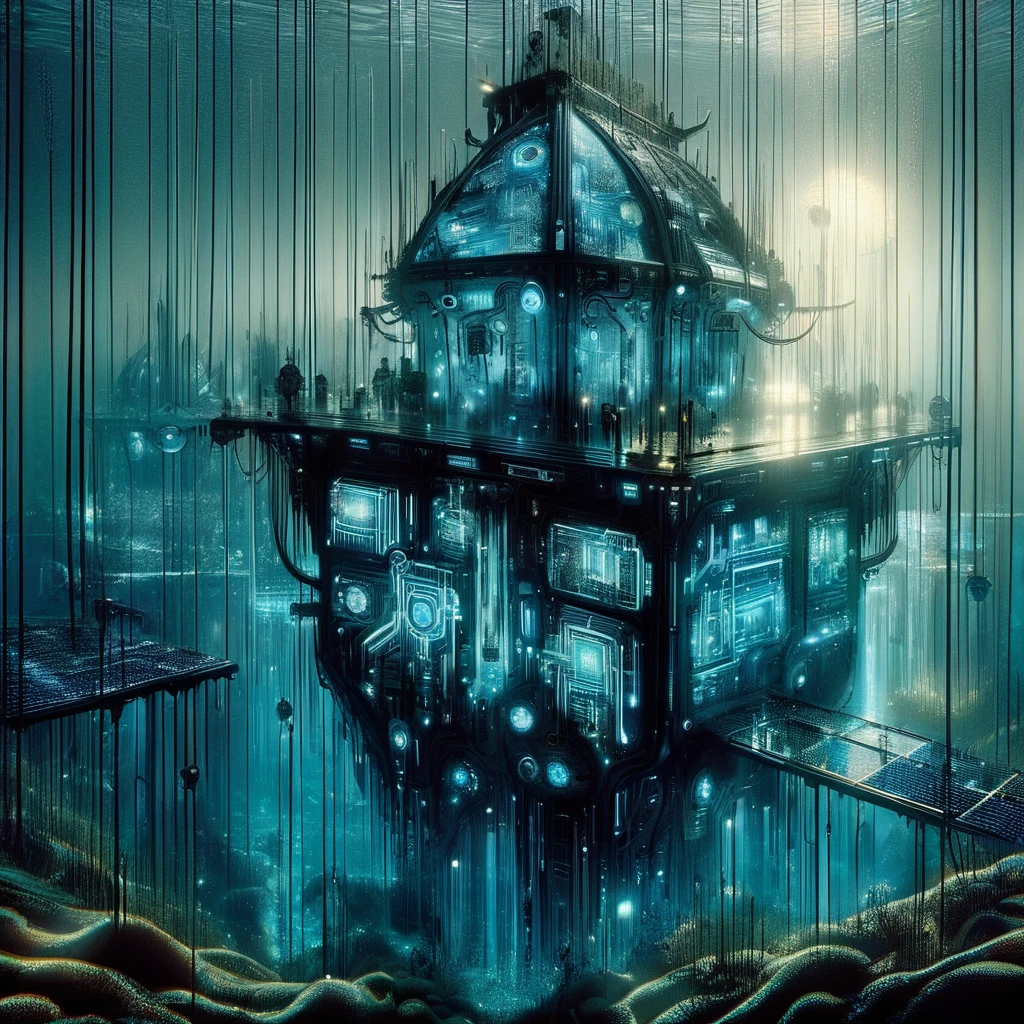 hyper detailed masterpiece, dynamic, awesome quality,DonMT3chW0rldXL Advanced bioluminescent underwater city with biomimetic architecture, high-tech diving suits, and genetically modified inhabitants