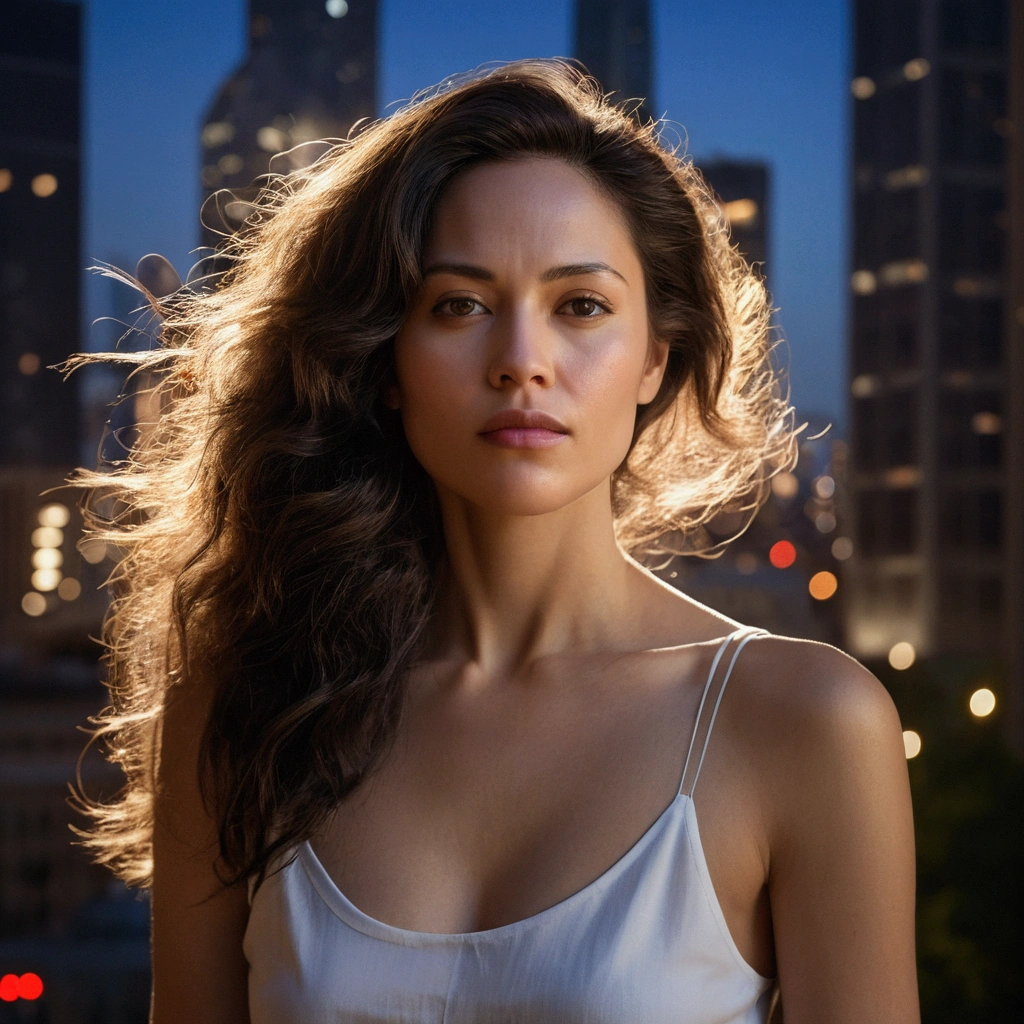 Photo-realistic depiction of a woman with a contemplative expression, wearing a classic white shirt. Set the scene in a modern urban environment, with soft city lights illuminating her face against a backdrop of tall buildings. 