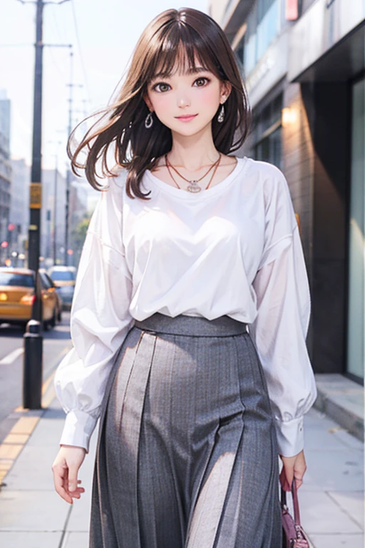 (Highest quality、 8k 、masterpiece、High resolution)、Young lovely woman、Ample breasts、Smooth and unnoticeable collarbone、Slender beauty、(Brown hair medium、My hair is blowing in the wind、Flows backwards)、Full Body Shot、 (Beautiful Face,Beautiful Eyes,Beautiful nose,Pretty lips)、(Stephanie hoove earrings、silver heart necklace)、((Official Casual、knit、shirt、slacks、skirt、Black or white、Finish with basic colors such as pink))、Has an official bag、Her mouth opens slightly and a smile appears.、Nice pose、Building district、office Street、looking at the camera、Professional Lighting、Professional photographer、Detailed CG、