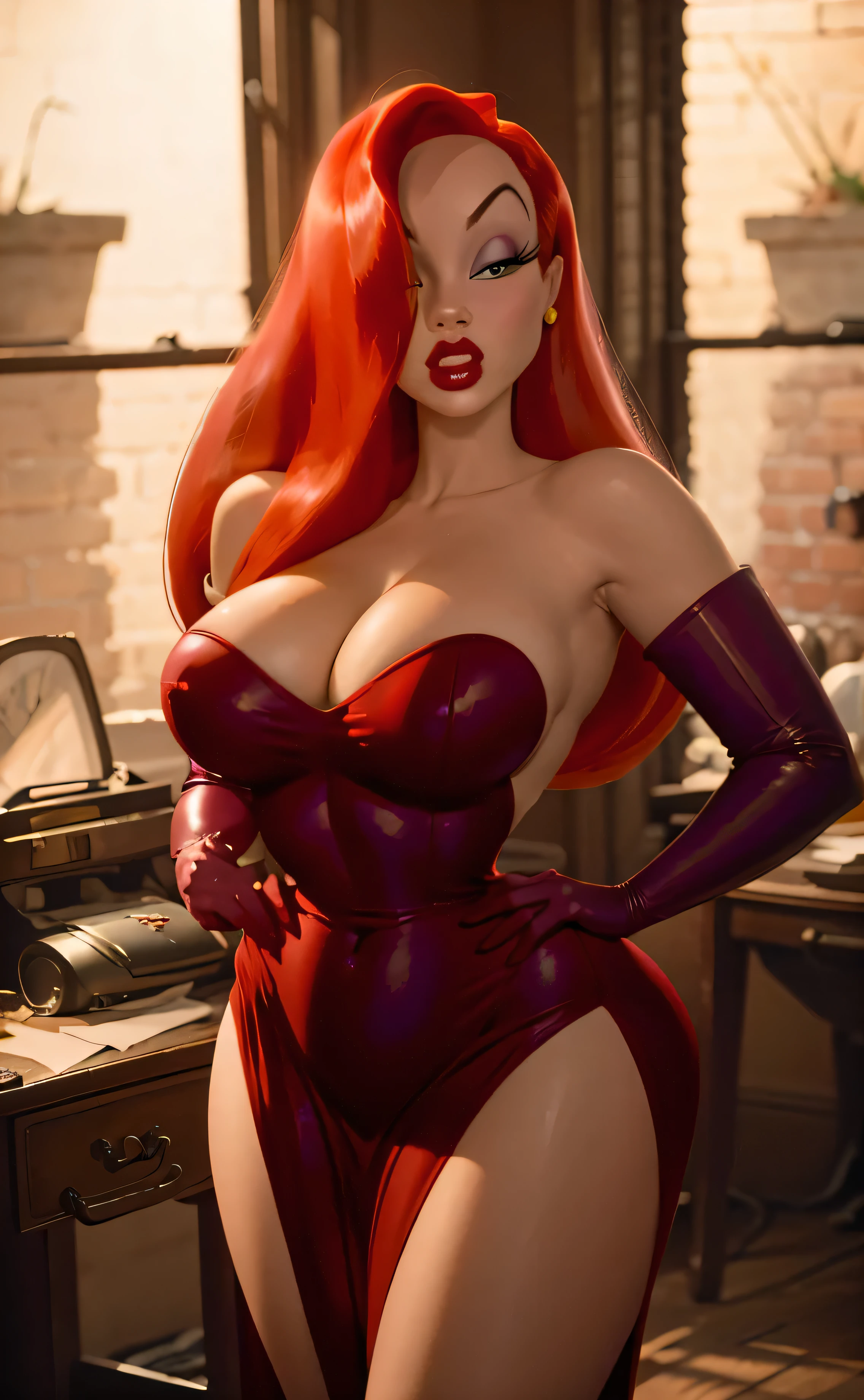 Jessica rabbit with her red dress, beautiful, long red hair, super sensual, big breasts and big hips, very aesthetic, very close to the screen in a seductive pose with a great cleavage and light 