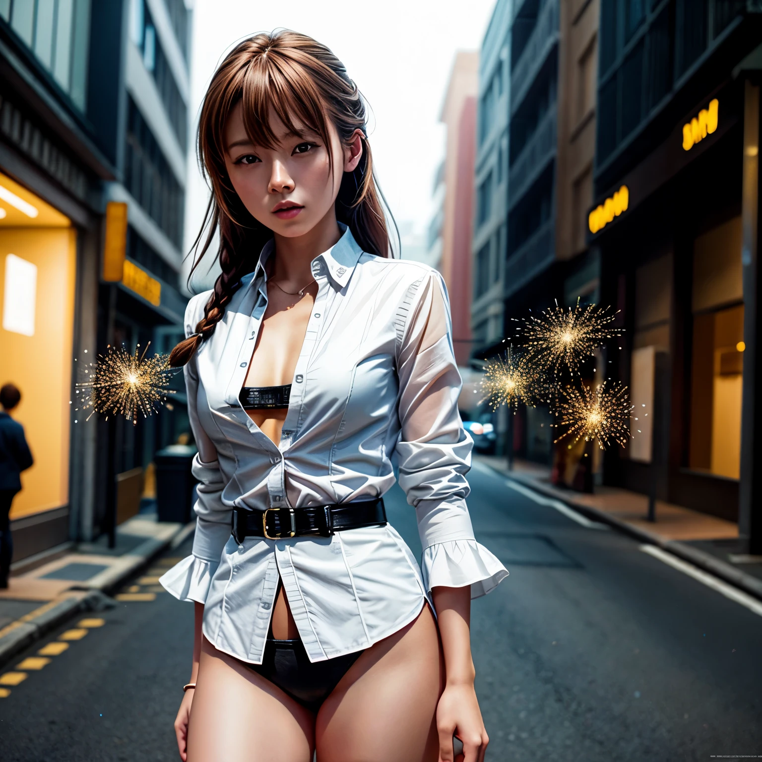 (((Misako Renbutsu)))Beautiful Young Female with (Twin Braids covering Bust) Flashing at ((Dusk City Street)), (extremely delicate and beautiful), Professional portrait, Semi-nude photography, (((Full Unbuttoned White Shirt with beltbra)Moe-Sleeves)Skinny Shorts), {(Tyndall effect)|lens flare|Haze|[chromatic aberration]} (Oodles Blurred Colorful Lights ((Starry particles))), (TopQuality Masterpiece of 8K Ultra-detailed DigitalPainting (by Jeremy Lipking))