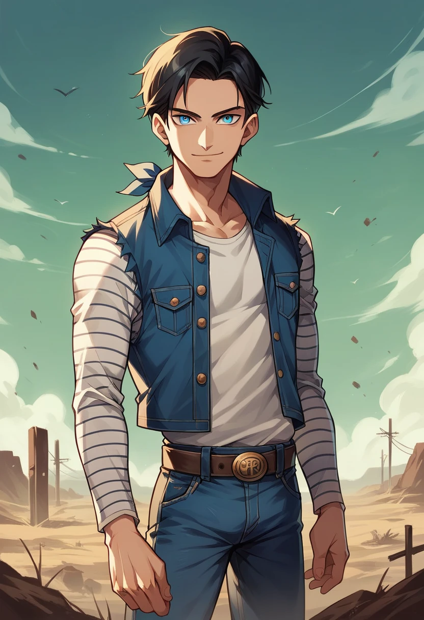 (masterpiece), best quality, expressive eyes, perfect face, highres, android ,solo,black hair,blue eyes,pants,1boy,male focus,belt, bandana,shirt,denim,standing, slight smile, looking at you, wasteland