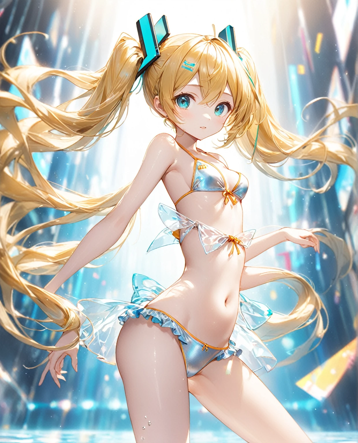 (Highest quality,8k,32K,masterpiece,Ultra-high resolution :1.2 ),born,One girl,Super cute,Natural light,Clear, shining eyes,20-year-old,Fair skin,Electronic world fantasy background,Golden Hair,Hatsune Miku-like costume,Swimwear,bikini