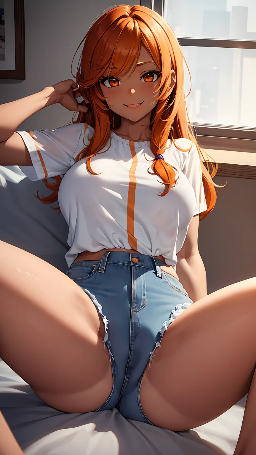 1girl, anime girl, anime, (dark skin), stylish girl, 2d girl, 18y, (fullbody), in bed, anime girl, seductive smile, (orange hair), ((white blouse)), Solo, Slim, Big Breasts, Tight Shorts, low waist shorts, upshorts, sitting on the bed, night background through the window, looking at viewer, (((spread legs))), (((Wedgie))), (((shorts))), (((absurdres))), (((thigh gap))), (((cameltoe))), (((lowleg shorts))),