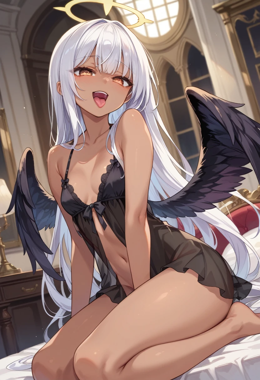 Score_9, score_8_up, 4k, 8k, detailed face, source_anime, smug angel girl with small breasts, pretty girl, thick thighs, white hair, long hair, fallen (black angel wings), black outfit, black babydoll, see-through outfit, inside heaven, wet tongue, moaning, open mouth, (dark skin), broken halo, amber eyes,