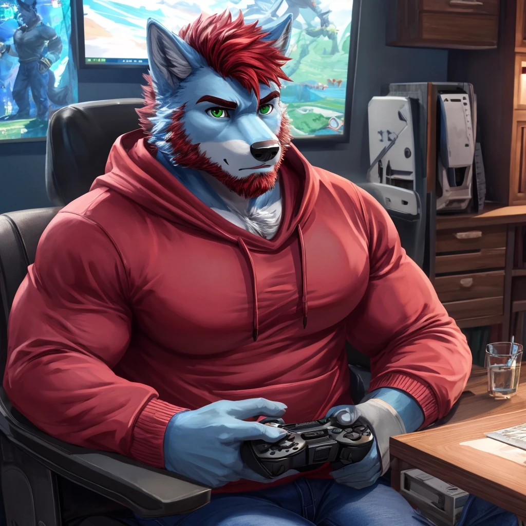 male husky, black eyebrows, topless, collar, round glasses, eyes closed, wide open mouth, green hair, (smile:1.1), intricate, sitting, gaming PC chair, bedroom, gaming PC setup, sitting at computer, penis focus, penis towards viewer, cumshot, ((stroking penis)), penile masturbation, ((crotch shot)), masturbating, wearing gaming headphones, shooting cum, canine penis, knot, erection,aesthetic, 4k, photorealistic, professional art, masterpiece, in bedroom, intricate detail, [by pngx:sigma x:0.5], full body