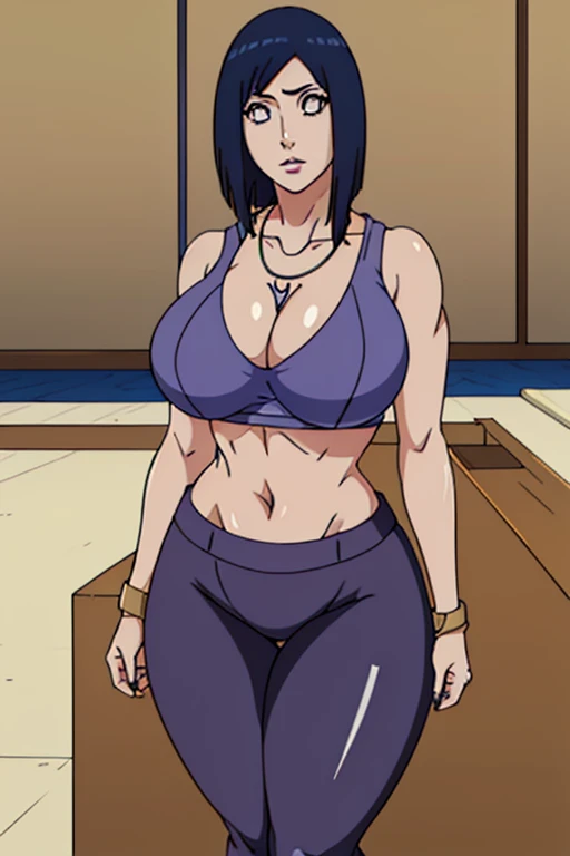 1girl, thick thighs, luxury model, putting on jewelry, Curvy figure, plump,stylish high class aesthetic, wide hips, contemporary professional makeup, eyeshadow, eyeliner, lipstick, expensive heels, tight, Tanktop with cleavage and open navel, gradient hair, dark blue hair, half ear lenght Bob hair, hyuuga_hinata inoue orihime, tight blue yoga pants,  photoshoot,  (masterpiece, best quality, high quality, high detail, detailed face, detailed eyes, detailed body),Hoopa earring,Gold chain Necklace,Wedding ring,Gold bracelet,Long nail,Mature,Kumogakure symbol