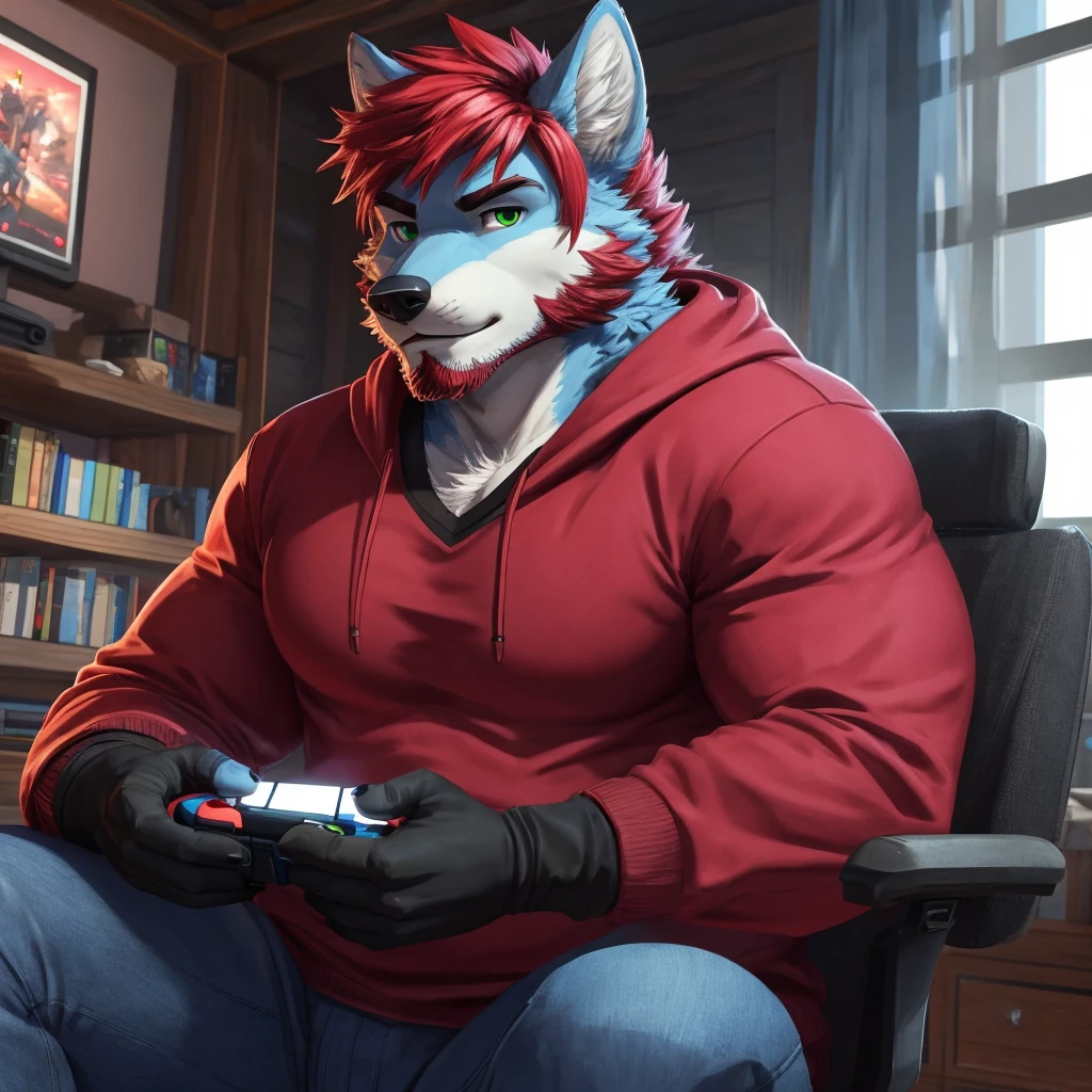 ((best quality)), ((masterpiece)), (Ultra detailed), ((4k)) , Solo , Anthro Wolf , Light Blue Fur , Red hair , Short Hair ,Stubble Beard , Handsone , Good Looking , Green Eyes, (Eyes Details), Middle Ages , Huge Pecs , Muscular Fat ,
Sweatshirt , Long Sleeve , Rolled Up Sleeves , Wearing Jeans, Black Gloves , Gaming , Cool pose