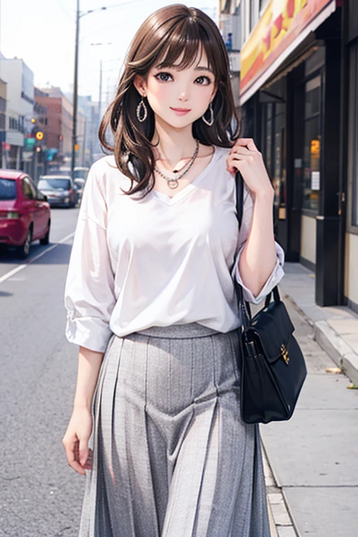 (Highest quality、 8k 、masterpiece、High resolution)、Young lovely woman、Ample breasts、Smooth and unnoticeable collarbone、Slender beauty、(Brown hair medium、My hair is blowing in the wind、Flows backwards)、Full Body Shot、 (Beautiful Face,Beautiful Eyes,Beautiful nose,Pretty lips)、(Stephanie hoove earrings、silver heart necklace)、((Official Casual、knit、shirt、slacks、skirt、Black or white、Finish with basic colors such as pink))、Has an official bag、Her mouth opens slightly and a smile appears.、Nice pose、Building district、office Street、looking at the camera、Professional Lighting、Professional photographer、Detailed CG、