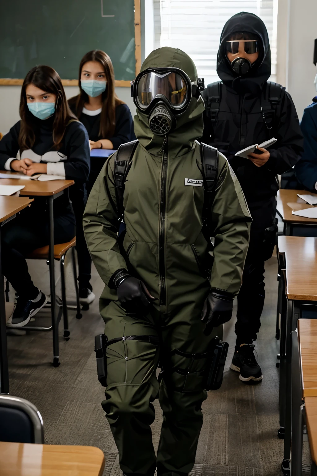 Group of teenagers in full body protective suit with full face gas mask in a classroom