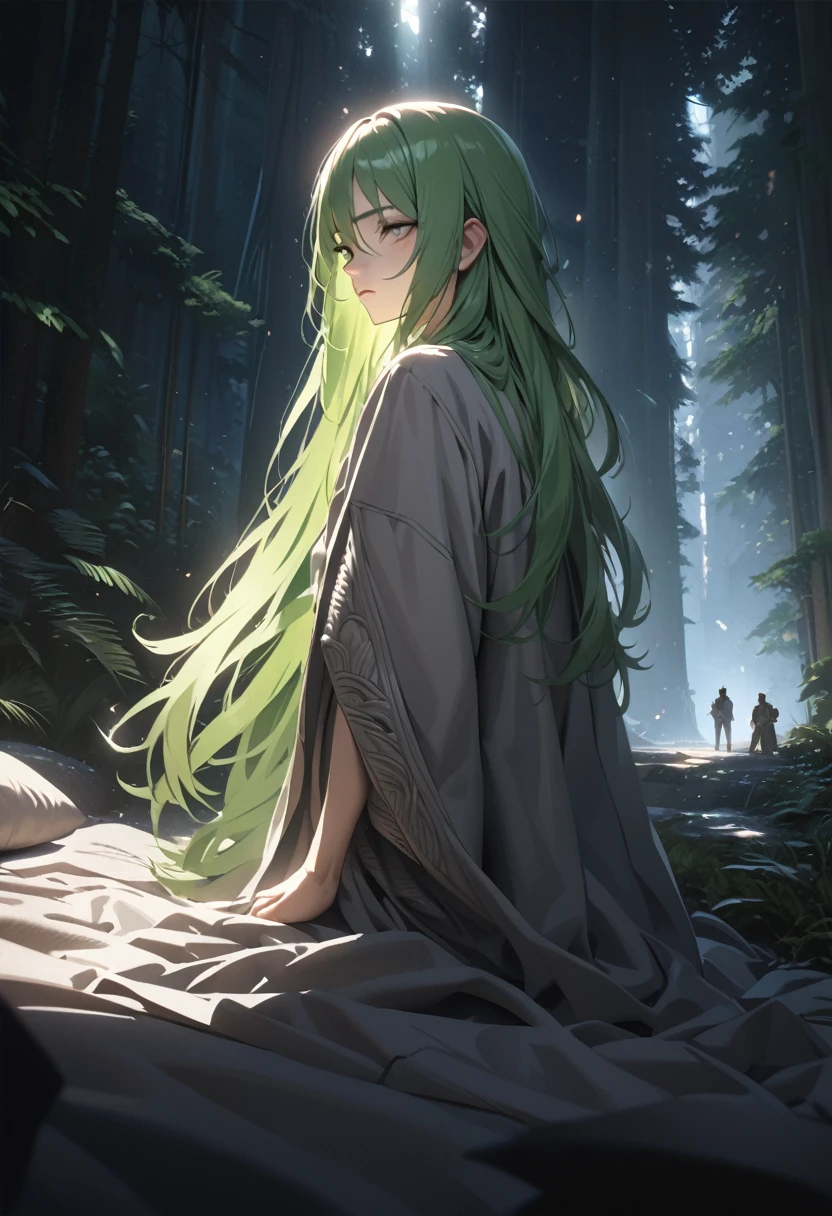 1boy, green hair, long hair, grey jacket, absurdly hair, the middle part of the jacket is open and the bottom of the jacket is flared out like a robe, side facing position, chiaroscuro lighting, (masterpiece:1.2), (best quality:1.2), 8k, hyperrealistic, cinematic lighting, highly detailed, photorealistic, dramatic lighting, volumetric lighting, realistic skin texture, hyper detailed facial features, intricate clothing folds, hyper detailed clothing, cinematic pose, forest background, and some buildings,