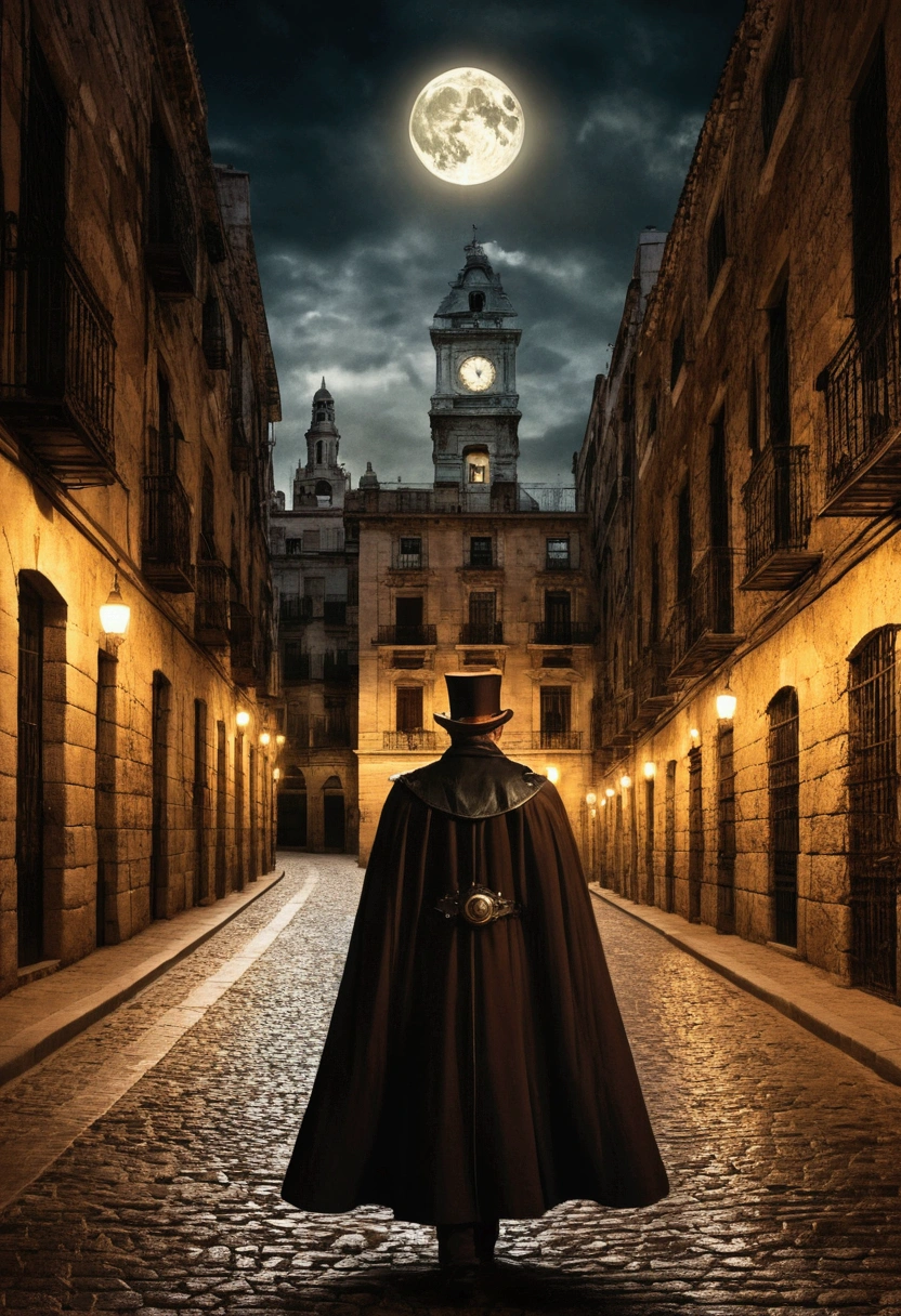 Dark city. Stone road and big buildings made from rocks. Steampunk. Old spanish madrid. Night. Very dark. A magician in little clothes. cloak and dagger walks into a gold circle of light. Portada alta definicion. Ilustracion de fantasia. Big breasts nudes. 