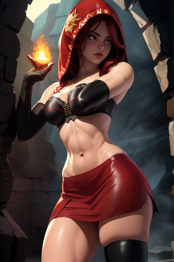 Dsorceress, redhair, shadowy face,dark cave, fire, hood, shadowed face, strapless bra, slim and athletic body, miniskirt, no panty, elbow gloves, dark skin, 1 girl (insanely detailed, masterpiece, best quality)