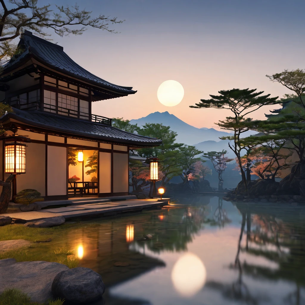 Otherworldly morning, calm feeling, good night, ancient Japan, appearing from the darkness((best quality, 8K, masterpiece: 1.3))
