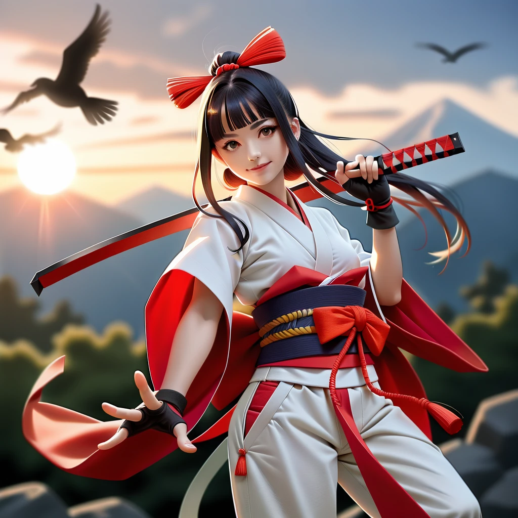 masterpiece, Best quality,1girl, red bow, bow, long hair, hair bow, Ainu clothing, solo, hair band, bird, black hair, fingerless gloves, short sleeves, gloves, sash, pants, bangs, red hair band, weapon, chest, brown eyes, white pants, kimono, nakoruru, light smile, official art, good composition, official pose, detailed portrait, portrait, bokeh, clouds and mountain background, samurai, onmyoji style, high resolution, Dramatic lighting and shadows, sun flares, blurred foreground