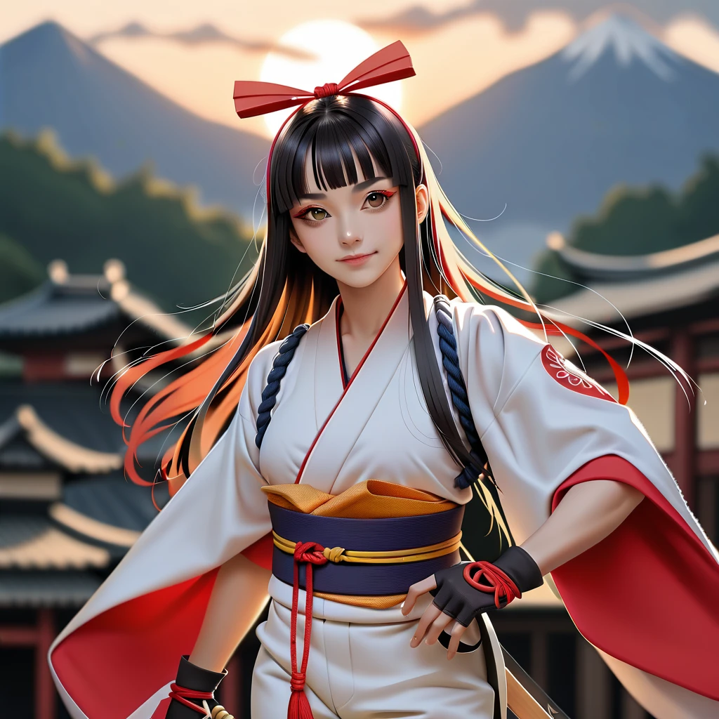 masterpiece, Best quality,1girl, red bow, bow, long hair, hair bow, Ainu clothing, solo, hair band, bird, black hair, fingerless gloves, short sleeves, gloves, sash, pants, bangs, red hair band, weapon, chest, brown eyes, white pants, kimono, nakoruru, light smile, official art, good composition, official pose, detailed portrait, portrait, bokeh, clouds and mountain background, samurai, onmyoji style, high resolution, Dramatic lighting and shadows, sun flares, blurred foreground