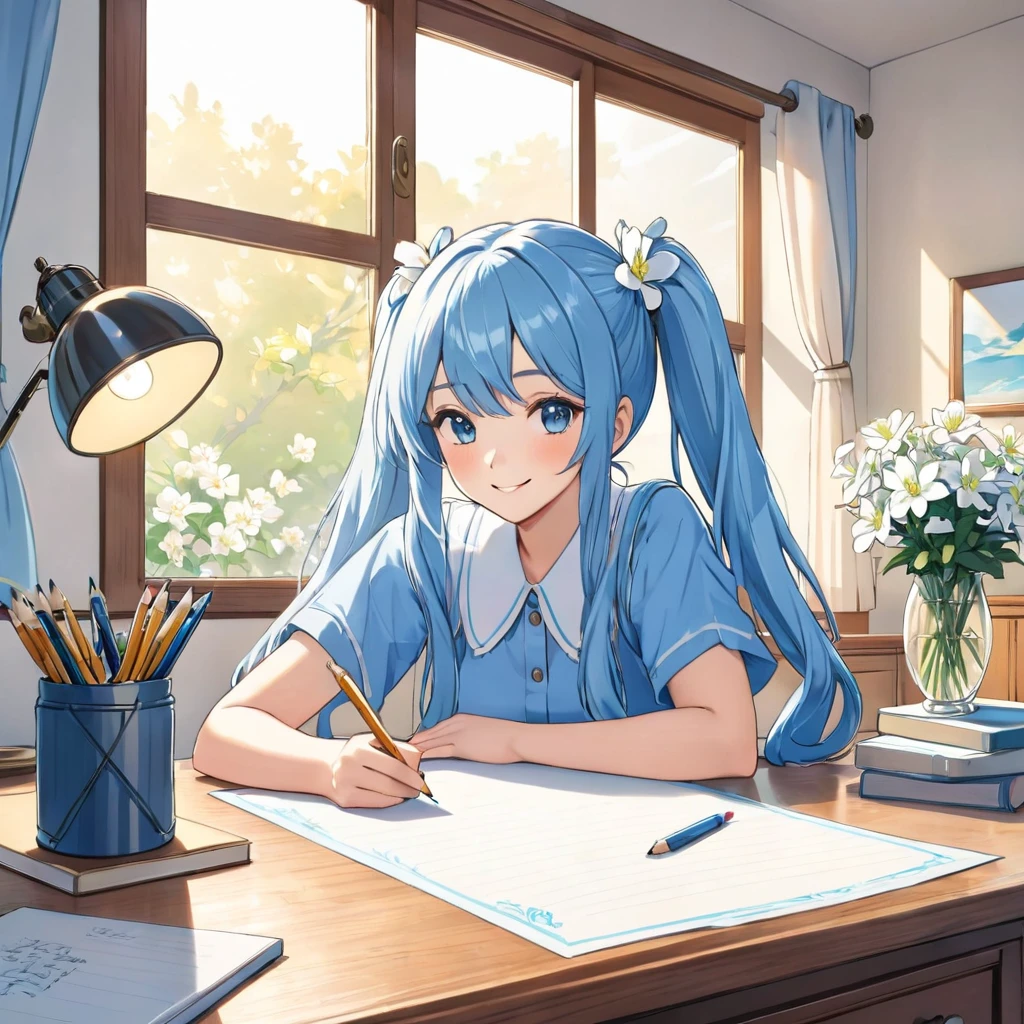 Light blue long hair、Beautiful girl with twin tails、 Desk lamp lighting, A bright, sunny room、White margaret flowers are displayed on the windowsill.、I am studying、Bright smile、Wooden desk, pencil, Note, Fine brushwork, Realistic style, perspective, 4K resolution、