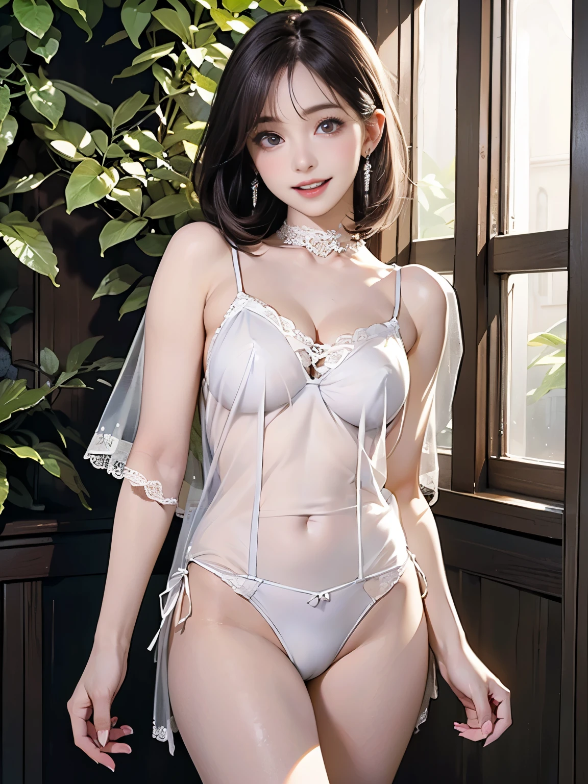 ((((Highest quality))))、(((Ultra-precision CG16K wallpaper)))、(((masterpiece)))、(((Super detailed)))、(((Extreme detail)))、((１Mature 29 year old woman:1.6))、((Very beautiful Japan face of a person))、((Urizane Face:1.8))、((Short bob straight hair:1.6))、(Shiny Hair)、A delicately drawn beautiful face、(Dark Eyes、Shining Eyes)、double eyelid、High nose、Small nostrils、Small Mouth、Seductive lips、Beautiful breasts、((B cup size breasts))、Cleavage、Delicate nails、Beautiful feet、((Thin thighs))、eight-headed body、Perfect proportions、Perfect Anatomy、Perfect composition、Beautiful detailed shading、Beautiful, natural lighting、Beautiful detail glow、Depth of written boundary、(((High chroma)))、(((Real:1.9)))、((vivid:1.5))、((Beautiful Skin))、((Skin Texture))、((Realな皮膚感))、(((Cowboy Shot:1.6)))、(((front view、shoot from front、front low angle:1.6)))、(((Half-open mouth、smile:1.5)))、(((looking at camera:1.6)))、Bright daylight、Natural light、(((background_Windows and curtains、Foliage plant:1.5)))、(Walking Pose:1.6)、(((White see-through lace negligee:1.6)))、((choker、Wearing earrings:1.5))、