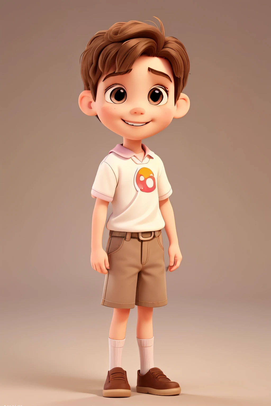disney pixar style create an image of a boy about 6 to white. He has short, lightly combed light brown hair and bright brown eyes. Her face has a happy, smiling expression, with slightly pink cheeks. Its body is slender and childish, with slender arms and legs.