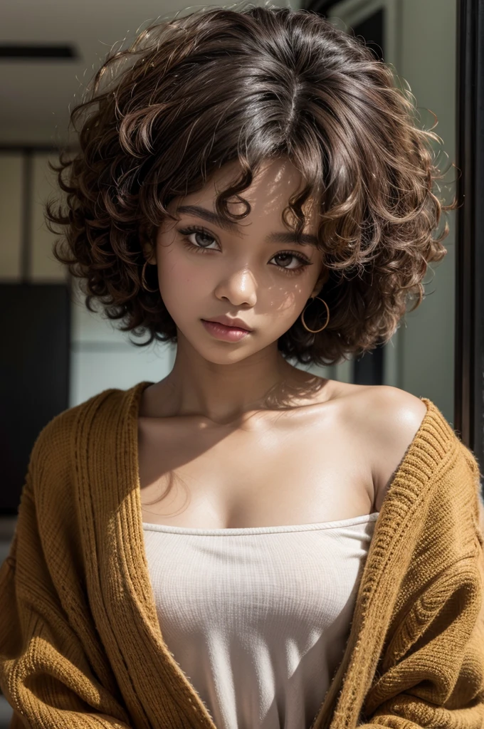 Oval,brown skin, afro,slanted eyes
