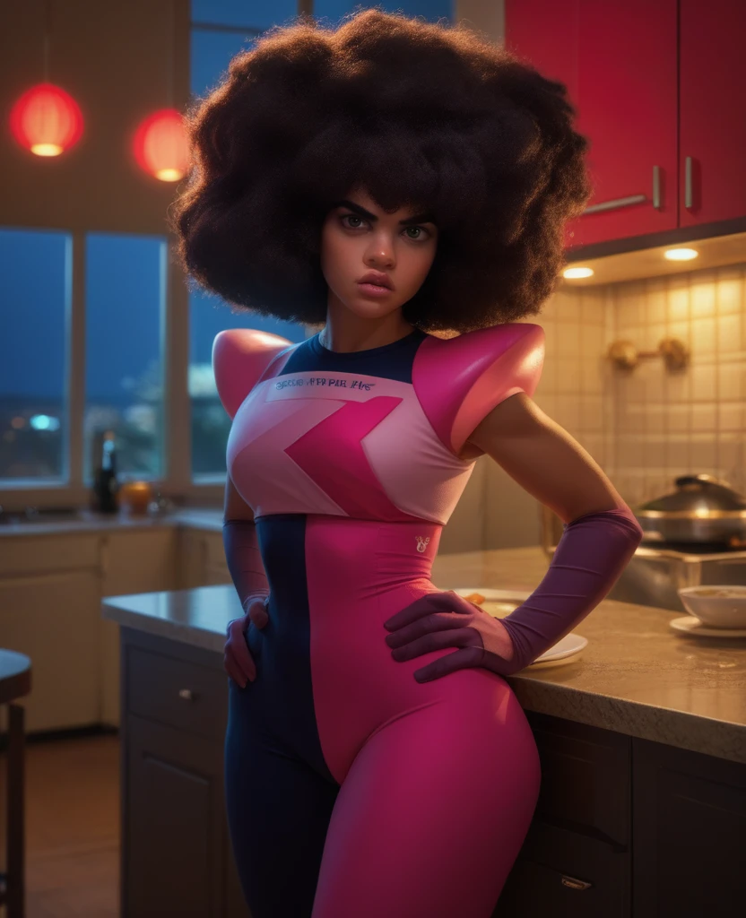 score_9,score_8_up,score_7_up,score_6_up, source_cartoon, 2d,
garnetxl,blocky afro,large neon shades, dark skin,chest plate,black and pink bodysuit,toned, large gloves, wide hips, looking at viewer, serious, parted lips, standing, inside cozy kitchen, counter, hands on hips, window, night time, soft lighting, 
