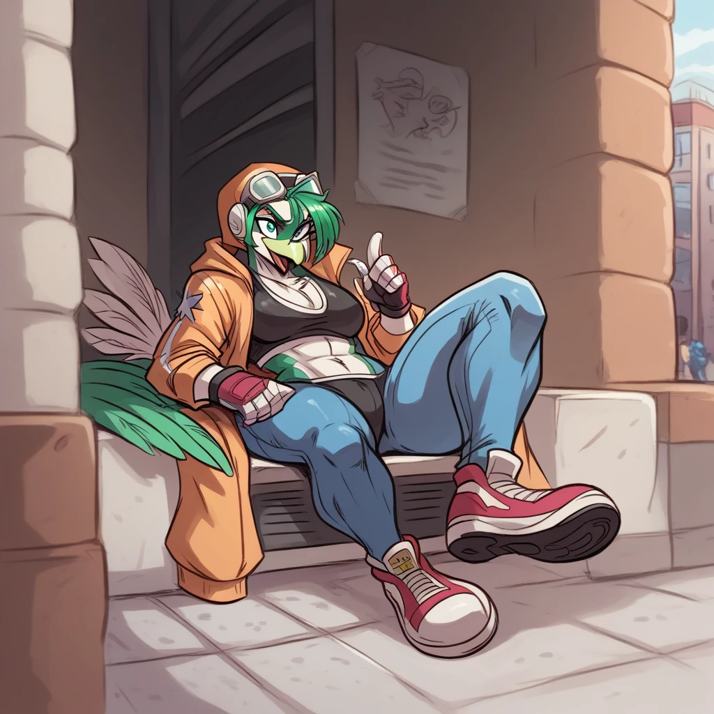 Original character,oc,a muscular, buff trans woman wearing black underwear with a prominents , in an 90’s street punk fashion style. She’s a mobian with avian/bird-like features, including feathers, and a sensual , horny expression. The scene has a sexy,urban street, cool,jet set radio/king of fighters/akira yasuda style and a vibrant tone.