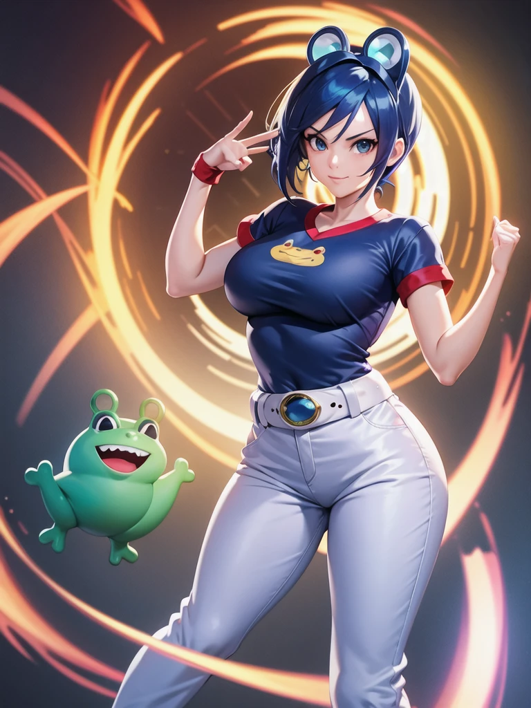 (at night), in a video game scene, a background of a beautiful city during the day raining, standing at attention, semi-short blue hair, blouse with an anime frog face, white flared pants, wearing blue fingerless exercise gloves, has round goggles on her head, huge belt with a round eyeglass, ((blue hair)), 1 girl, alone, 20 years old, young woman, perfect hands, beautiful fingers, beautiful long legs, beautiful body, beautiful nose, beautiful design of characters, perfect face, looking at the viewer with serious gesture (focusing on his face), closed mouth, Light_Smile, official art, extremely detailed CG unity 8k wallpaper, perfect lighting, bright and colorful front lighting, glowing skin (masterpiece : 1.0), (best_quality: 1.0), ultra high resolution, 4K, ultra detailed photography, 8K, HDR, high resolution, nonsense:1.2, Kodak portra 400, film grain, background blur, bokeh:1.2, lens flare, (vibrant_color:1.2), professional photography, (beautiful_face: 1.5), (narrow waist),